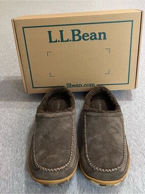L.L.Bean Men’s Wicked Good Moccasin Slippers Brown Suede Sherpa Lined Size 12 M